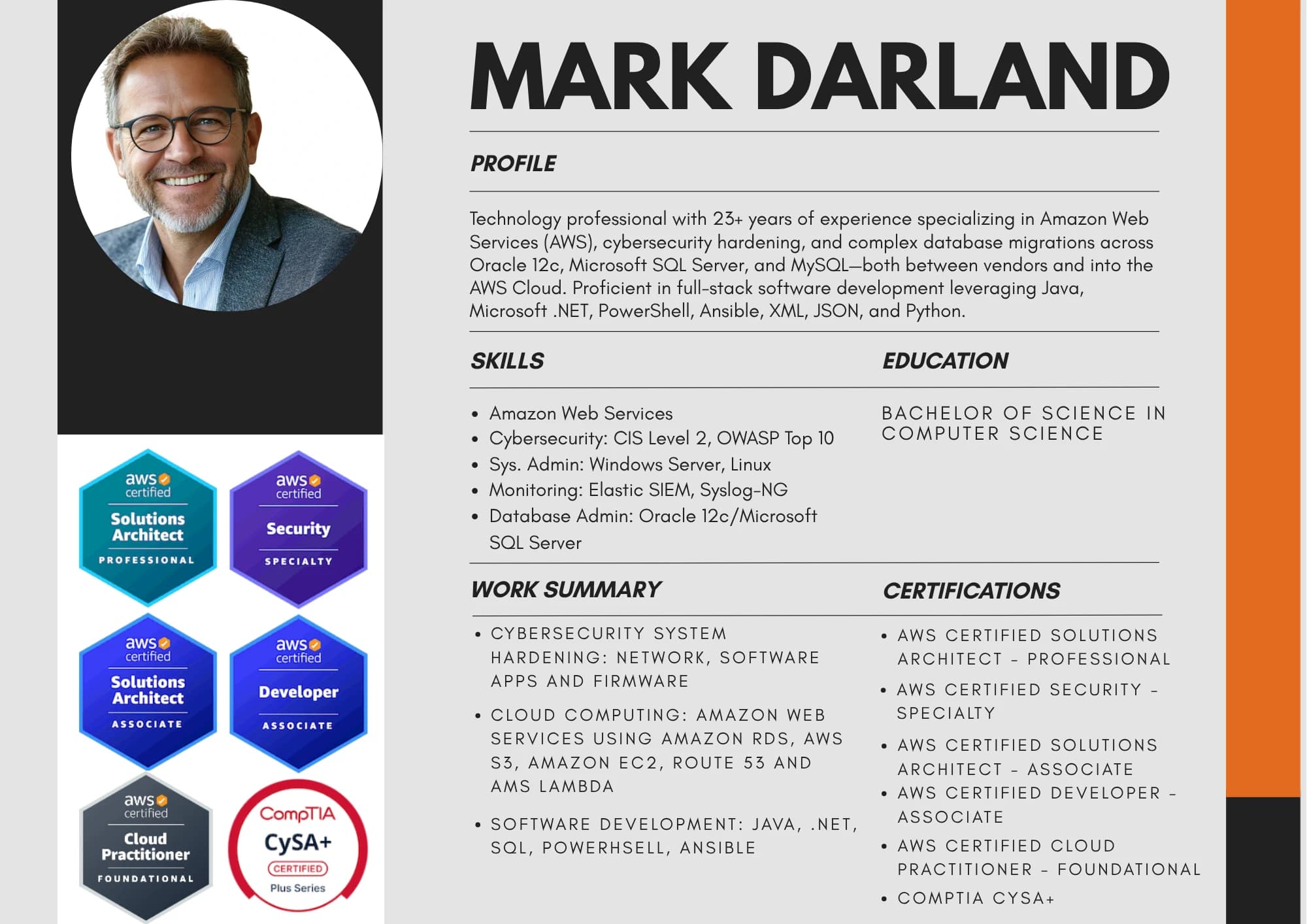 Mark Darland cloud access security broker resume featuring AWS certifications, skills, and professional profile