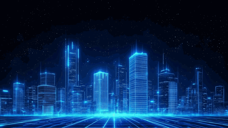 Illuminated network city skyline representing cloud automation infrastructure